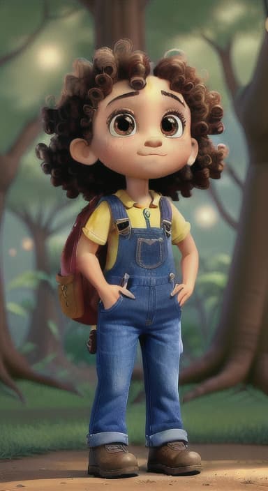  {The tree with a twinkling eye, while its leaves gently rustle., Riley, a curious with big brown eyes and curly hair, wearing overalls and carrying a small backpack. Their friend, Skye, a bluebird with shiny feathers.