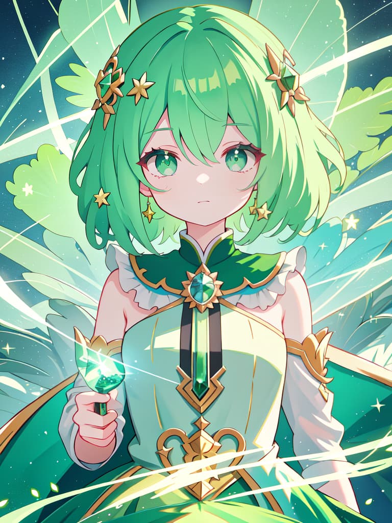  Green hair character star scholar, masterpiece, best quality,8k,ultra detailed,high resolution,an extremely delicate and beautiful,hyper detail