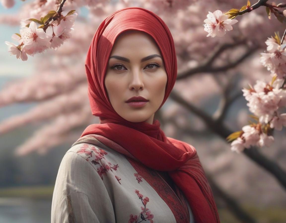  concept art A digital art portrait of a woman with a red headscarf, cherry blossoms in her hair, and serene landscape in the background. . digital artwork, illustrative, painterly, matte painting, highly detailed hyperrealistic, full body, detailed clothing, highly detailed, cinematic lighting, stunningly beautiful, intricate, sharp focus, f/1. 8, 85mm, (centered image composition), (professionally color graded), ((bright soft diffused light)), volumetric fog, trending on instagram, trending on tumblr, HDR 4K, 8K