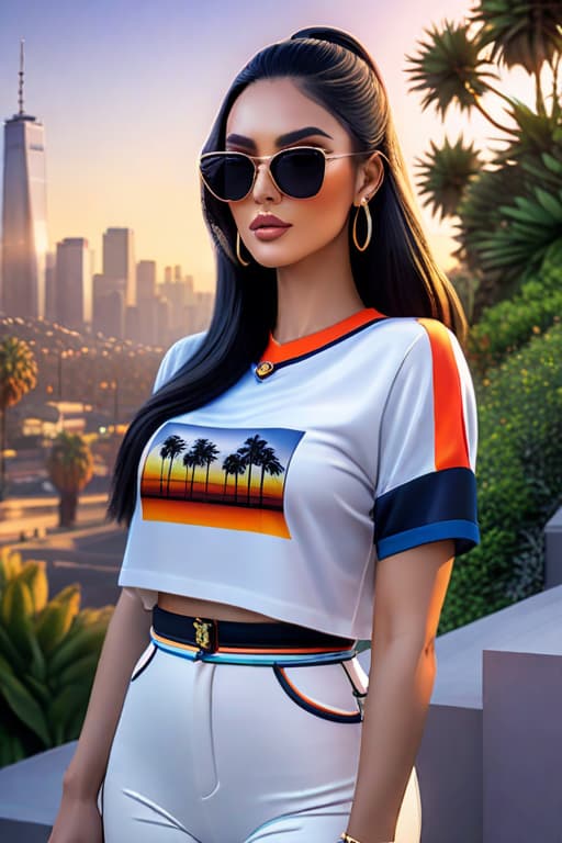  Beautiful Mexican girl, long flowing black hair, dark sunglasses, gold hoop earrings, Los Angeles skyline, Palm tress, and semi realism black and white cartoon, baseball jersey. hyperrealistic, full body, detailed clothing, highly detailed, cinematic lighting, stunningly beautiful, intricate, sharp focus, f/1. 8, 85mm, (centered image composition), (professionally color graded), ((bright soft diffused light)), volumetric fog, trending on instagram, trending on tumblr, HDR 4K, 8K