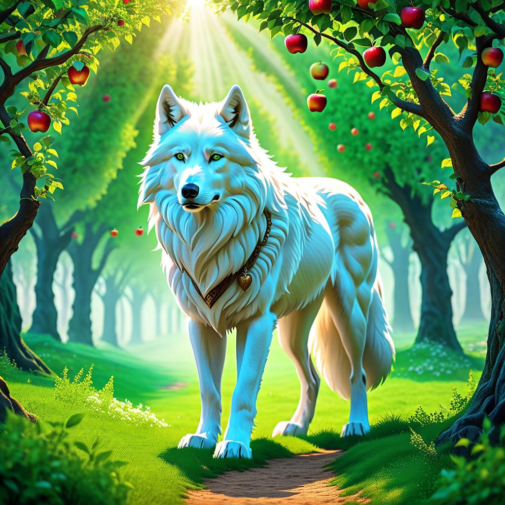  ethereal fantasy concept art of (Background): an apple orchard. He did not immediately realise that there was no more snow under his paws, only soft grass. Leaves on the recently bare trees turned green, and it became clear that this was not a forest at all, but a marvellous apple orchard. A white wolf shifter with green eyes and a black nose in a marvellous apple orchard. Style:fantasy . magnificent, celestial, ethereal, painterly, epic, majestic, magical, fantasy art, cover art, dreamy hyperrealistic, full body, detailed clothing, highly detailed, cinematic lighting, stunningly beautiful, intricate, sharp focus, f/1. 8, 85mm, (centered image composition), (professionally color graded), ((bright soft diffused light)), volumetric fog, trending on instagram, trending on tumblr, HDR 4K, 8K