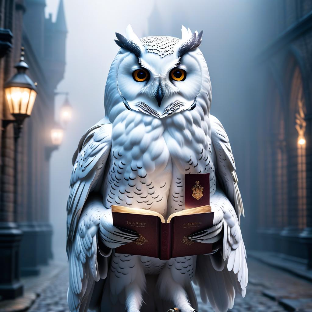  A white owl carries a letter from Hogwarts. hyperrealistic, full body, detailed clothing, highly detailed, cinematic lighting, stunningly beautiful, intricate, sharp focus, f/1. 8, 85mm, (centered image composition), (professionally color graded), ((bright soft diffused light)), volumetric fog, trending on instagram, trending on tumblr, HDR 4K, 8K