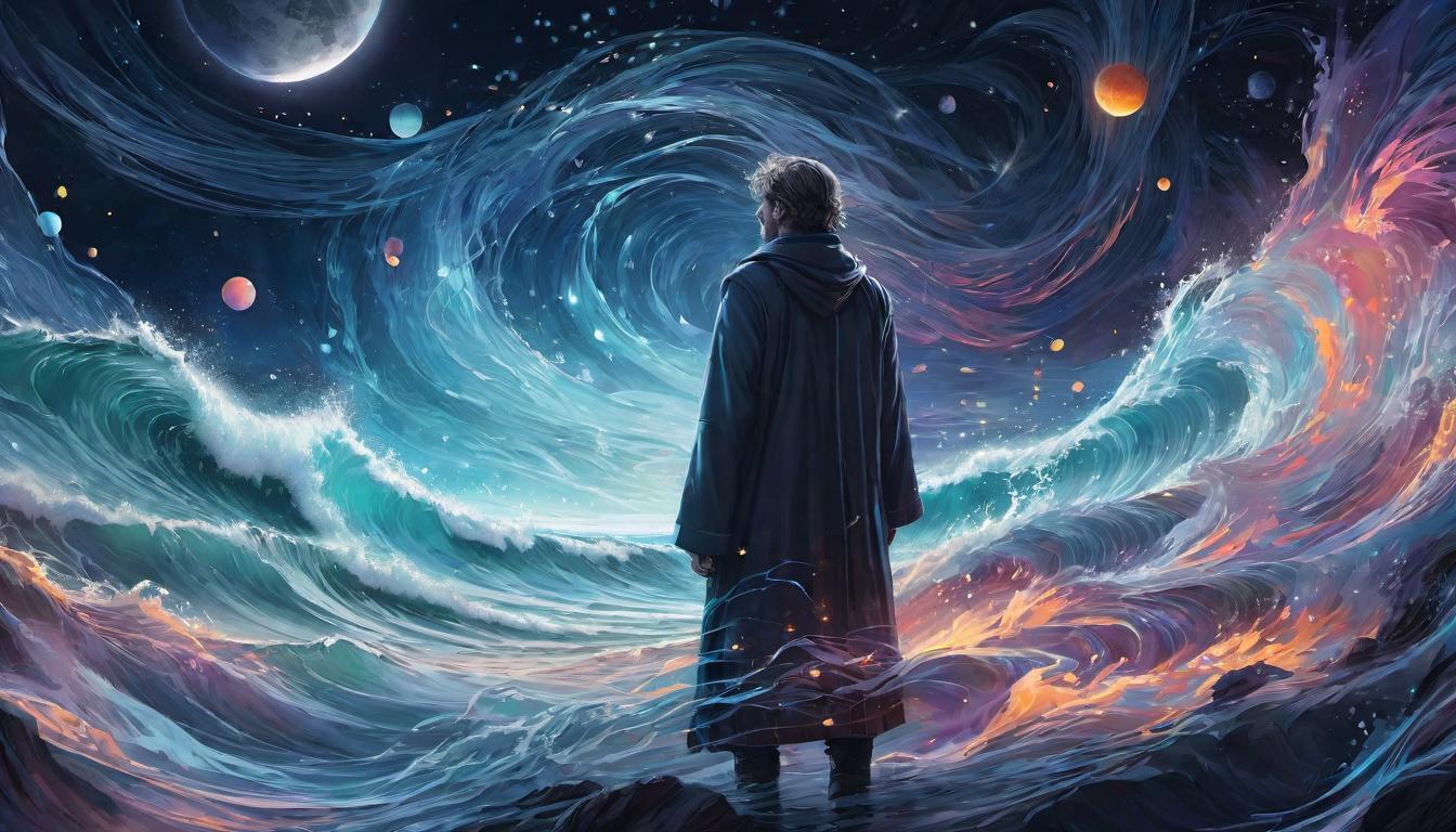  digital illustration, A figure surrounded by waves of energy, transcending the physical, ethereal connections extending outward, background fading into cosmic scene, infinite reach, boundless influence, looking at viewer, dynamic pose, (intricate details, masterpiece, best quality)