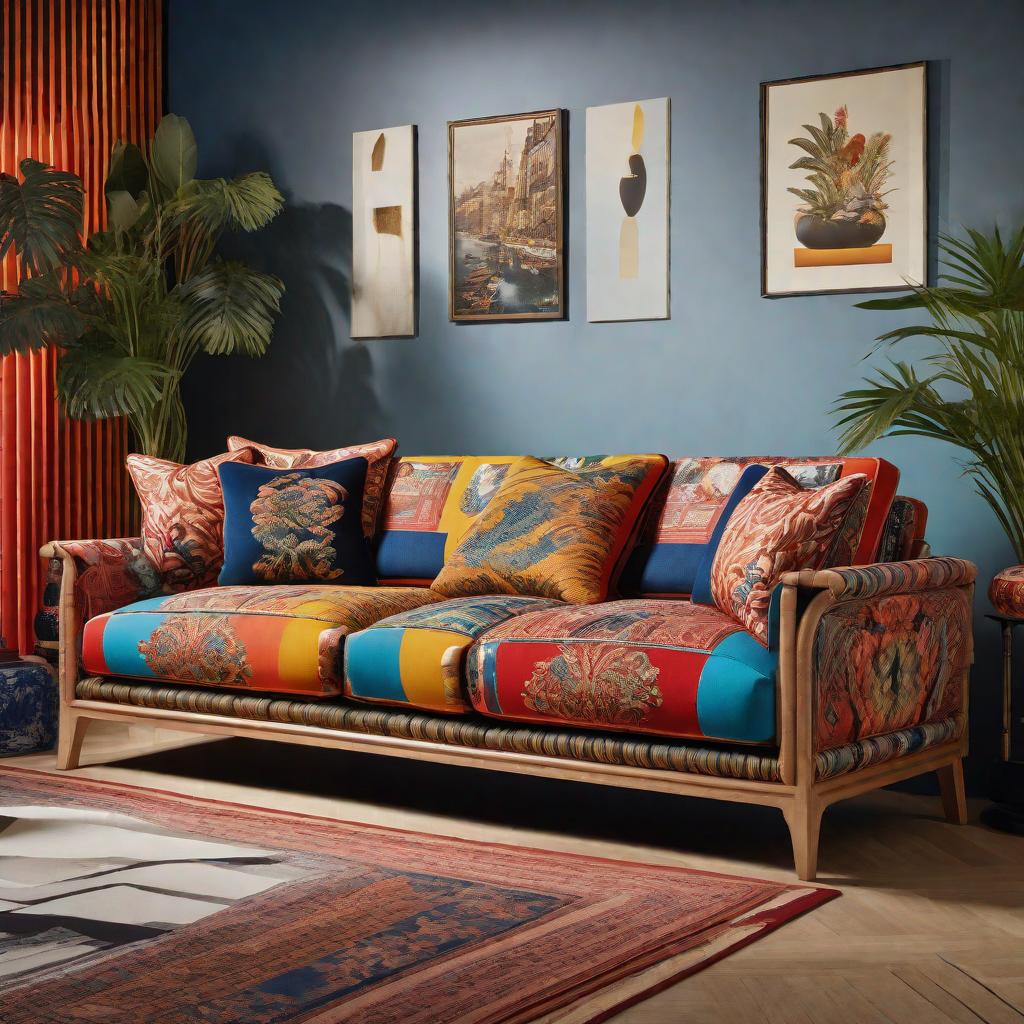 Sofa, 3-D model, Wooden stand, sustainable, linen, roche bobios, jean paul gaultier prints, bright colours, cotton, 3-seater, cushions, maximalist, Mah Jong Sofa, studio. hyperrealistic, full body, detailed clothing, highly detailed, cinematic lighting, stunningly beautiful, intricate, sharp focus, f/1. 8, 85mm, (centered image composition), (professionally color graded), ((bright soft diffused light)), volumetric fog, trending on instagram, trending on tumblr, HDR 4K, 8K