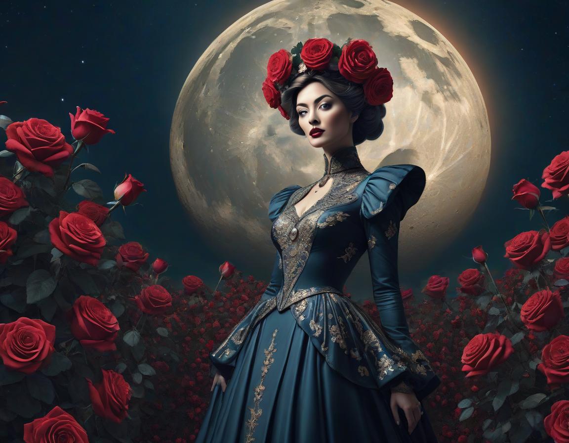  surrealist art An elaborate digital artwork of a woman in vintage attire with roses and a lunar backdrop. . dreamlike, mysterious, provocative, symbolic, intricate, detailed hyperrealistic, full body, detailed clothing, highly detailed, cinematic lighting, stunningly beautiful, intricate, sharp focus, f/1. 8, 85mm, (centered image composition), (professionally color graded), ((bright soft diffused light)), volumetric fog, trending on instagram, trending on tumblr, HDR 4K, 8K