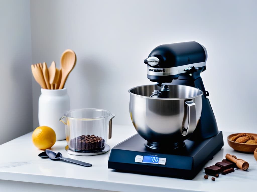  An ultradetailed image of a pristine white marble countertop with a sleek, modern stand mixer in a matte black finish, surrounded by an array of precision baking tools including measuring spoons, a digital kitchen scale, a piping bag with decorative tips, and a selection of highquality vanilla beans and gourmet chocolate. The lighting is soft and highlights the elegance and precision of the tools, creating a visually striking and aspirational scene for aspiring pastry chefs. hyperrealistic, full body, detailed clothing, highly detailed, cinematic lighting, stunningly beautiful, intricate, sharp focus, f/1. 8, 85mm, (centered image composition), (professionally color graded), ((bright soft diffused light)), volumetric fog, trending on instagram, trending on tumblr, HDR 4K, 8K