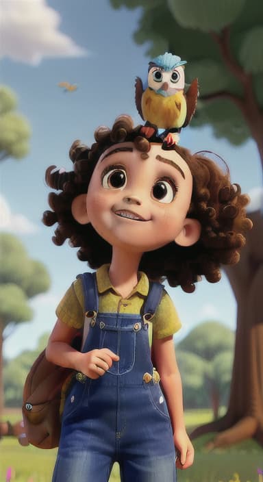  {Riley looking up at the tree with a big smile, animals surrounding them., Riley, a curious with big brown eyes and curly hair, wearing overalls and carrying a small backpack. Their friend, Skye, a bluebird with shiny feathers.