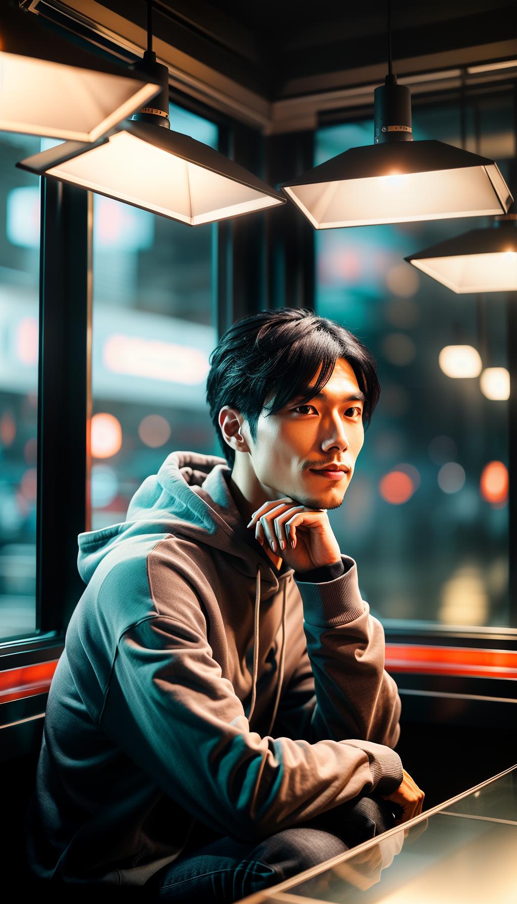  A realistic photo of a slim young Japanese boy, aged 20, with center parted short black hair, sitting at a seat in a modern cafe, putting his hands on a table, on a rainy winter evening, wearing a grey hoodie and black jeans, with the city illuminations visible through the window. hyperrealistic, full body, detailed clothing, highly detailed, cinematic lighting, stunningly beautiful, intricate, sharp focus, f/1. 8, 85mm, (centered image composition), (professionally color graded), ((bright soft diffused light)), volumetric fog, trending on instagram, trending on tumblr, HDR 4K, 8K