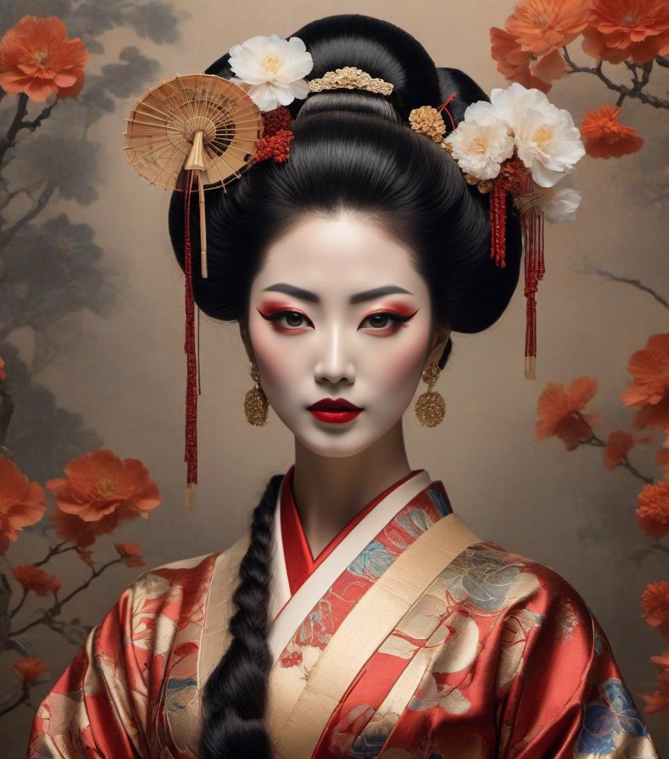  "Portrait of a Geisha, abstract surreal art nouveau, decoupage, mixed media, Gustav Klimt." hyperrealistic, full body, detailed clothing, highly detailed, cinematic lighting, stunningly beautiful, intricate, sharp focus, f/1. 8, 85mm, (centered image composition), (professionally color graded), ((bright soft diffused light)), volumetric fog, trending on instagram, trending on tumblr, HDR 4K, 8K