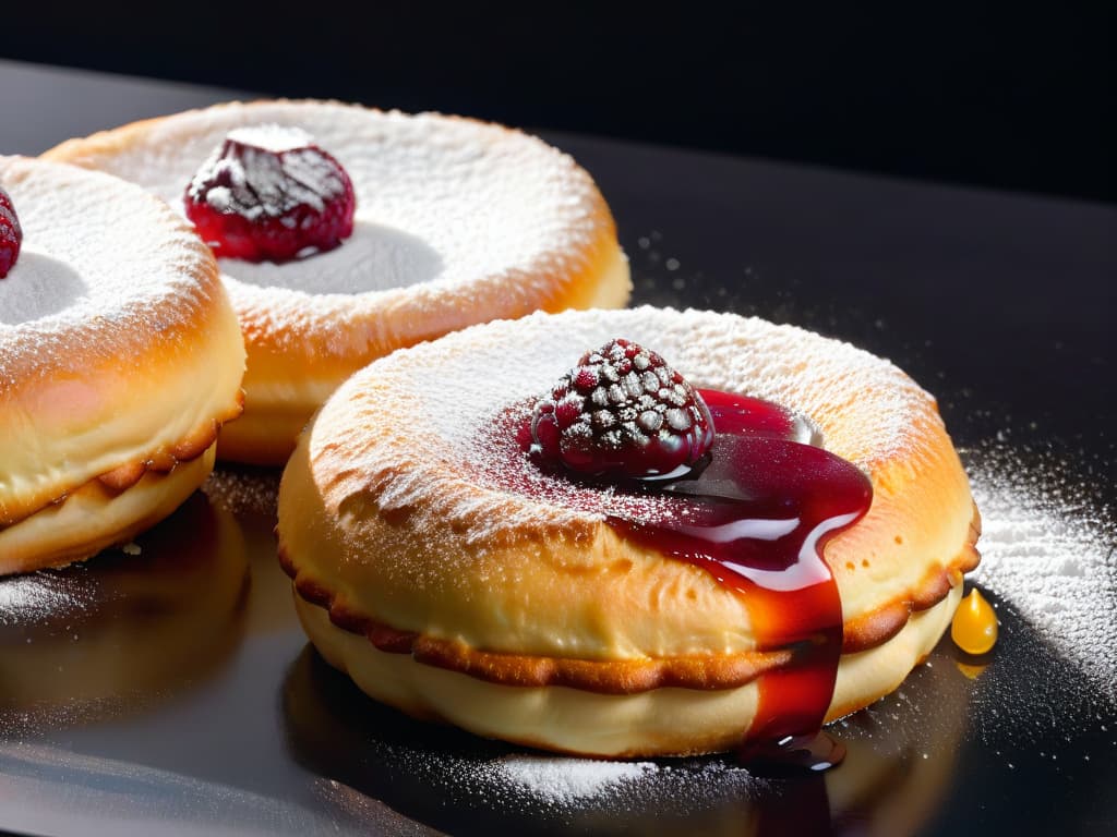  An ultradetailed closeup image of golden sufganiyot (Jewish jelly doughnuts) sprinkled with powdered sugar, set against a sleek black background. The doughnuts are perfectly fried to a golden crisp, oozing with vibrant raspberry jam. Every granule of sugar and glistening droplet of jam is vividly captured, showcasing the delectable texture and flavor of this traditional Hanukkah dessert. hyperrealistic, full body, detailed clothing, highly detailed, cinematic lighting, stunningly beautiful, intricate, sharp focus, f/1. 8, 85mm, (centered image composition), (professionally color graded), ((bright soft diffused light)), volumetric fog, trending on instagram, trending on tumblr, HDR 4K, 8K