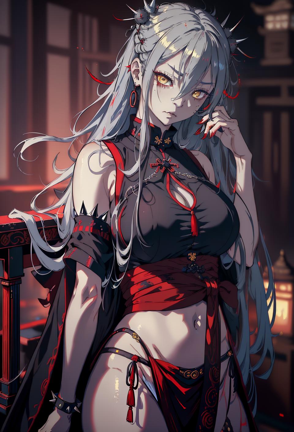  ((trending, highres, masterpiece, cinematic shot)), 1girl, young, female goth clothing, buddhist scene, very long spiked grey hair, hair covering one eye, large yellow eyes, barbaric personality, sleepy expression, red skin, lively, toned