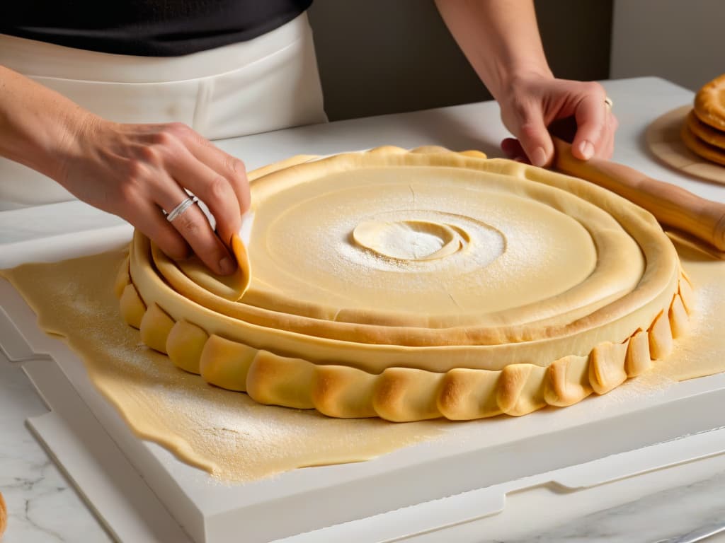  A closeup, ultradetailed image of a pair of delicate hands expertly rolling out a thin, perfectly even layer of golden pastry dough on a sleek, marble countertop. The hands, adorned with elegant silver rings, are gently pressing a wooden rolling pin onto the dough, creating a mesmerizing pattern of light reflecting off its surface. The scene exudes a sense of precision and artistry, capturing the essence of traditional Christmas baking with a modern, minimalist touch. hyperrealistic, full body, detailed clothing, highly detailed, cinematic lighting, stunningly beautiful, intricate, sharp focus, f/1. 8, 85mm, (centered image composition), (professionally color graded), ((bright soft diffused light)), volumetric fog, trending on instagram, trending on tumblr, HDR 4K, 8K