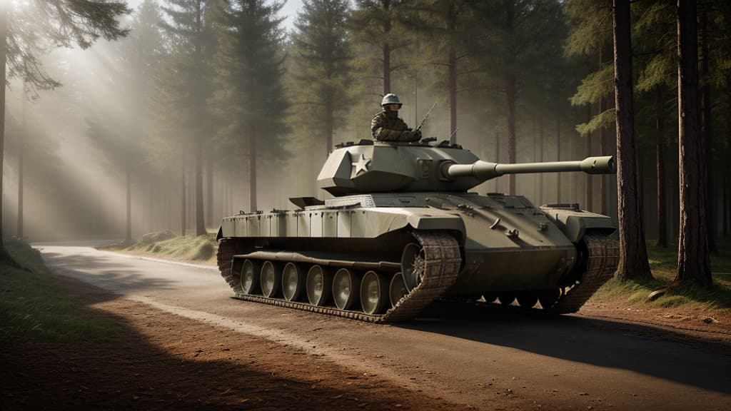  A armored tank.  The armored tank wa and had gr and moss on it.  The surroundings are full of forests and mountains.  Bright sunlight fell through the trees onto the armored tank. Resolution 8k realistic. , hyperrealistic, high quality, highly detailed, cinematic lighting, intricate, sharp focus, f/1. 8, 85mm, (centered image composition), (professionally color graded), ((bright soft diffused light)), volumetric fog, trending on instagram, HDR 4K, 8K