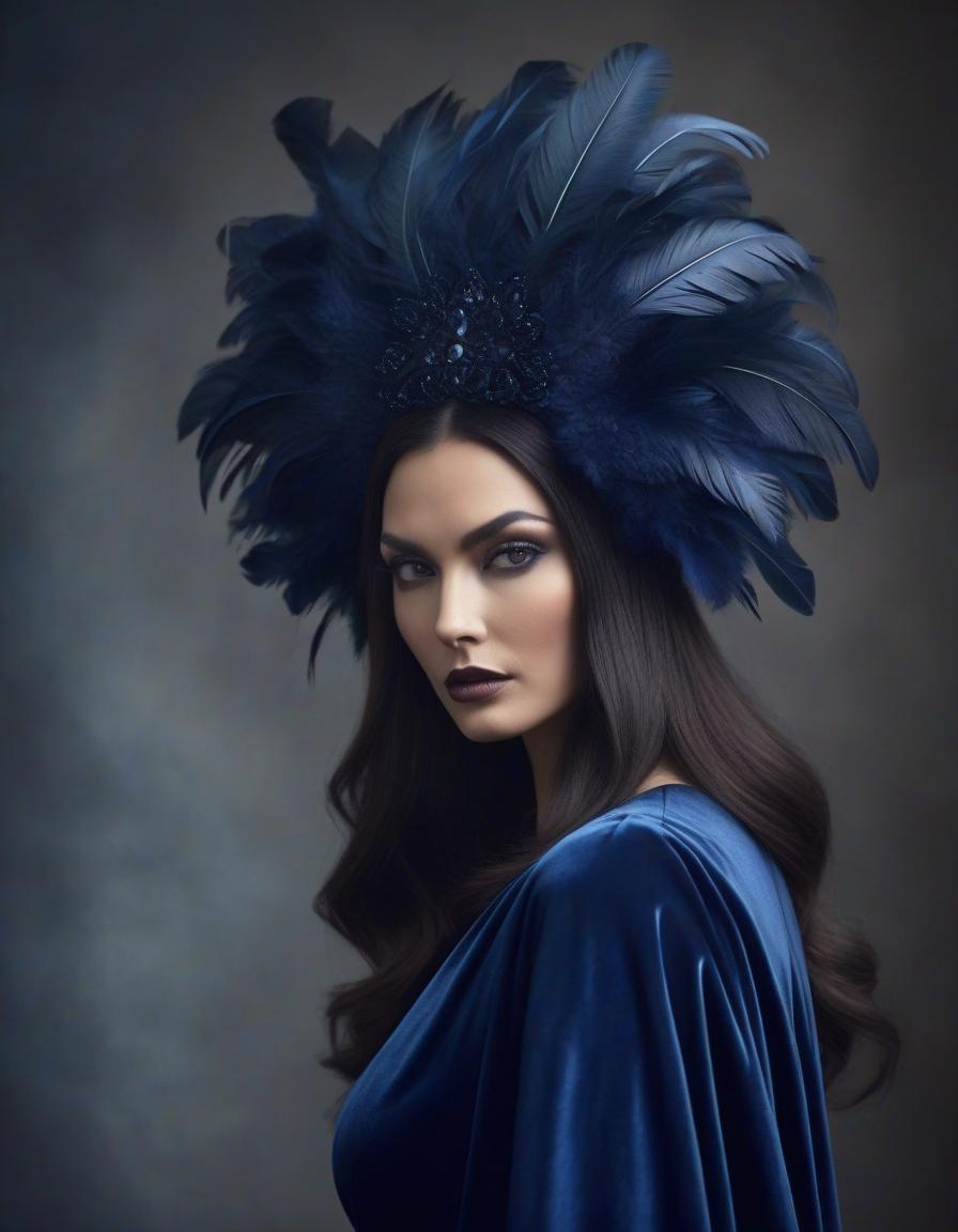  surrealist art Portrait of a beautiful in a dark blue velvet Lorrain dress, on beautiful hair adorned with soft feathers of dark blue colour . dreamlike, mysterious, , symbolic, intricate, detailed hyperrealistic, full body, detailed clothing, highly detailed, cinematic lighting, stunningly beautiful, intricate, sharp focus, f/1. 8, 85mm, (centered image composition), (professionally color graded), ((bright soft diffused light)), volumetric fog, trending on instagram, trending on tumblr, HDR 4K, 8K