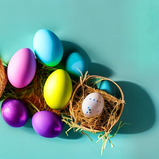  Two rabbits are sitting next to Easter eggs and one has a blue and green face