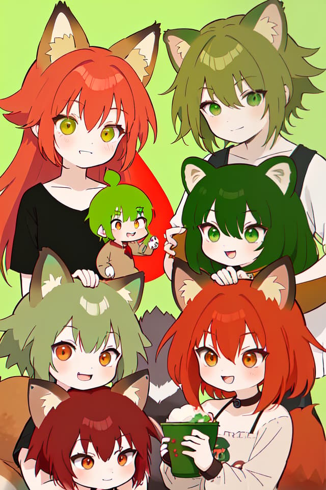  A red haired character with a fox ear and a green hair character with an ear of a raccoon, I'm laughing at each other.