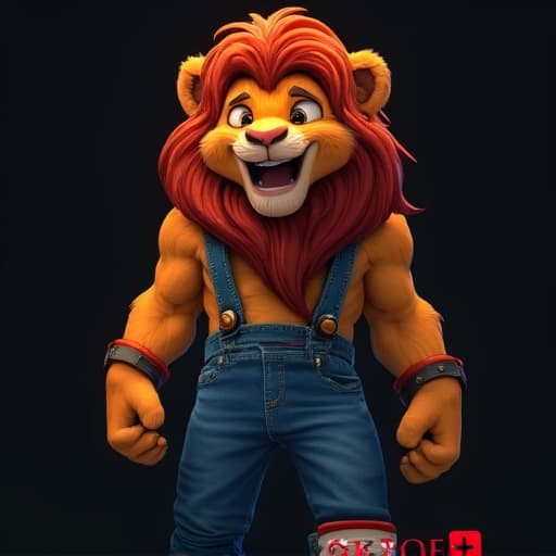  (a lion king wearing blue jean), full body, ghibli style, anime, vibrant colors, hdr, enhance, jungle((plain black background)), masterpiece, highly detailed, 4k, hq, separate colors, bright colors