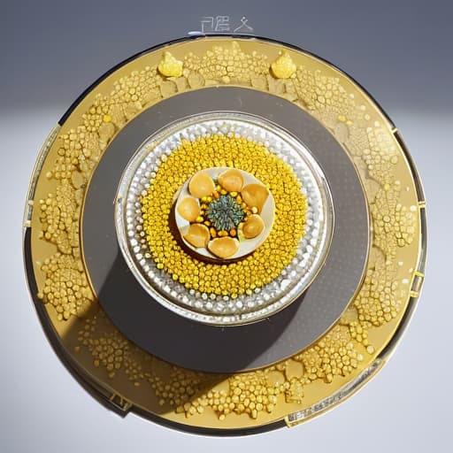  The picture shows the finished lotus seed glutinous rice cake. The top is sprinkled with golden osmanthus flowers, adding to the overall aroma and beauty. The glutinous rice cake is placed in a transparent glass bowl, which is placed in the refrigerator. The refrigerator door is half open, and you can see the lights and fog in the refrigerator.,