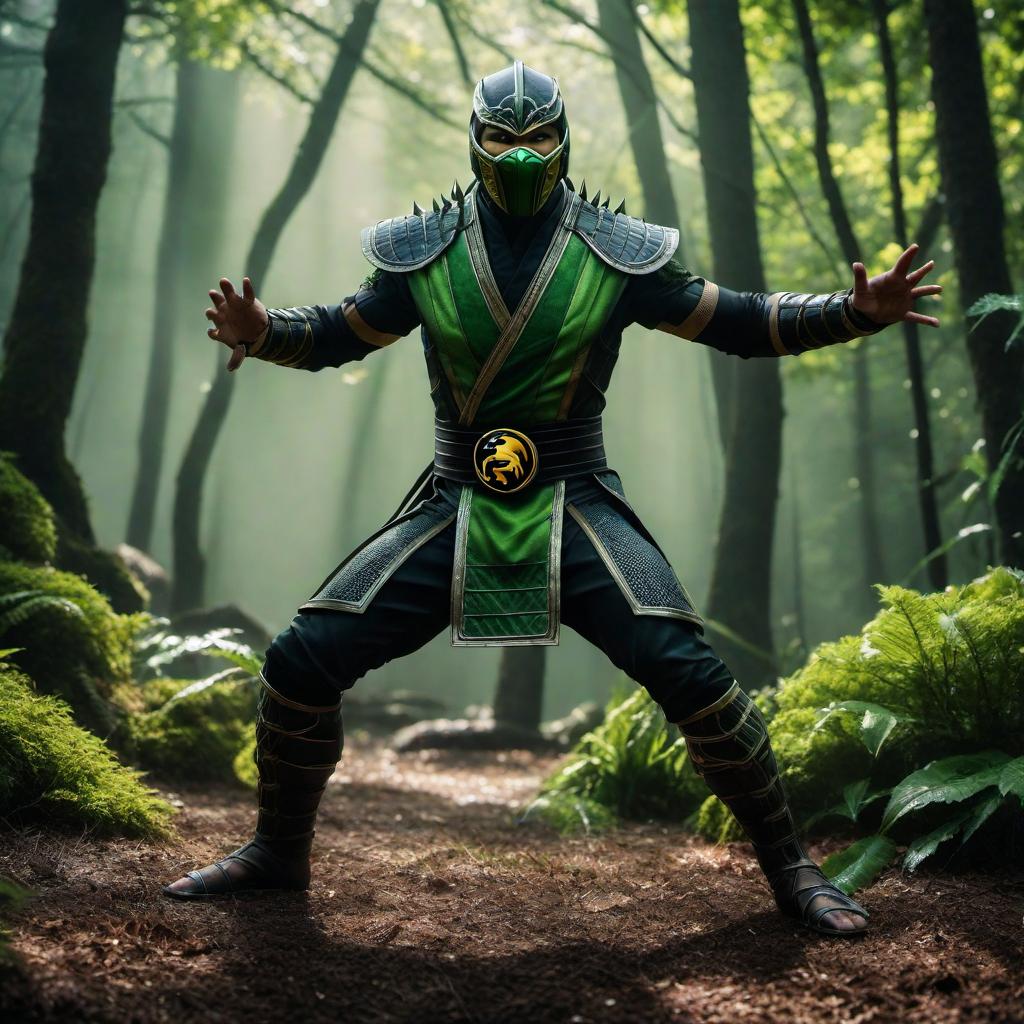  Mortal Kombat Reptile coming out of the forest hyperrealistic, full body, detailed clothing, highly detailed, cinematic lighting, stunningly beautiful, intricate, sharp focus, f/1. 8, 85mm, (centered image composition), (professionally color graded), ((bright soft diffused light)), volumetric fog, trending on instagram, trending on tumblr, HDR 4K, 8K