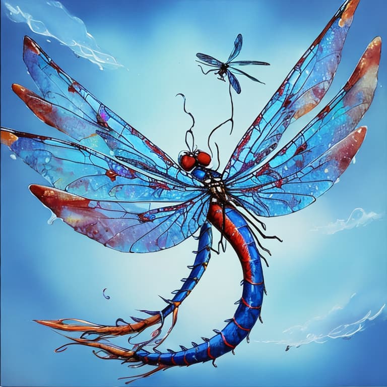  best quality professional photograph, water paint art style, blue dragon fly on the sky, ultra high quality model