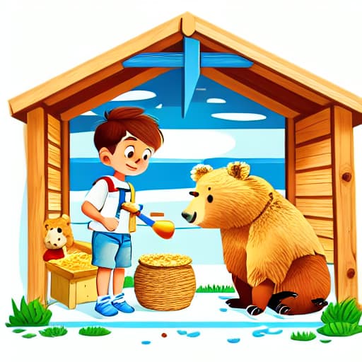  a boy with short hair and white shirt with blu jeans is standing, and a bear is sitting and eating honey, in the cabin