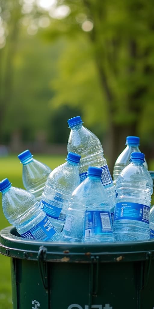  good quality, high quality, a recycling bin filled with empty plastic water bottles, with a new bottle just being added, in front of a green park backdrop.