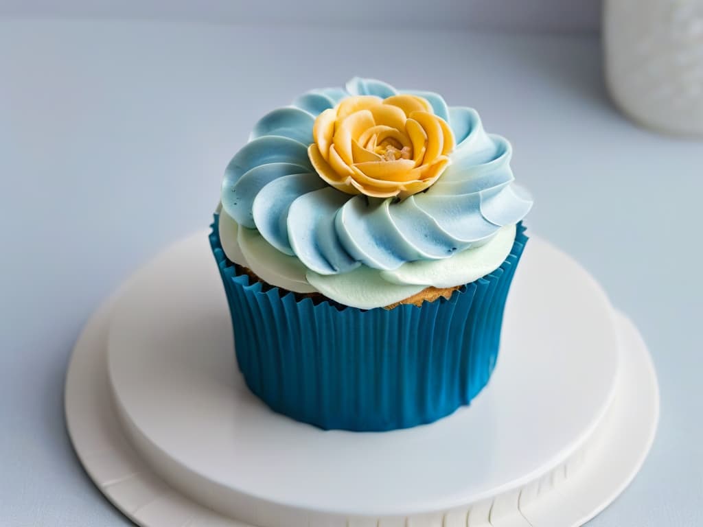  A closeup, ultradetailed image of a beautifully decorated cupcake with intricate frosting swirls in pastel colors, topped with a single delicate edible flower. The frosting is perfectly smooth and glossy, reflecting the light to showcase its flawless texture. The cupcake is set against a plain white background, emphasizing its elegance and simplicity. hyperrealistic, full body, detailed clothing, highly detailed, cinematic lighting, stunningly beautiful, intricate, sharp focus, f/1. 8, 85mm, (centered image composition), (professionally color graded), ((bright soft diffused light)), volumetric fog, trending on instagram, trending on tumblr, HDR 4K, 8K