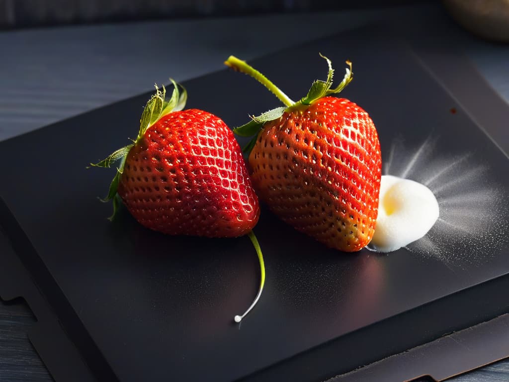  A closeup, ultradetailed image of two perfectly ripe strawberries, one dipped in natural honey and the other in artificial sweetener, placed side by side on a sleek, matte black surface. The strawberries are glistening under soft, natural light, showcasing their vibrant red hues and intricate seed patterns. The contrasting textures of the honeycoated and artificial sweetenercoated strawberries are striking, highlighting the difference between natural and artificial sweeteners in a visually compelling and minimalistic manner. hyperrealistic, full body, detailed clothing, highly detailed, cinematic lighting, stunningly beautiful, intricate, sharp focus, f/1. 8, 85mm, (centered image composition), (professionally color graded), ((bright soft diffused light)), volumetric fog, trending on instagram, trending on tumblr, HDR 4K, 8K