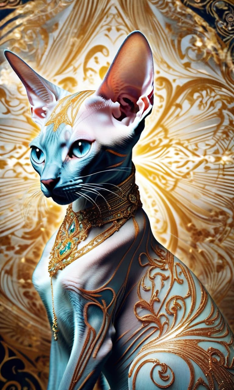  Digital image of a sphinx cat. Double exposure image, surreal. Mysterious, exotic:: Glowing pale geometric patterns on skin. Background: with surrealistically bizarre abstract swirls and (vegetal elements: 1,2). In the manner of Minjae Lee, Andrew Jones, James Christensen. Stylistics:: art deco, renaissance, whimsical detailing. High quality. hyperrealistic, full body, detailed clothing, highly detailed, cinematic lighting, stunningly beautiful, intricate, sharp focus, f/1. 8, 85mm, (centered image composition), (professionally color graded), ((bright soft diffused light)), volumetric fog, trending on instagram, trending on tumblr, HDR 4K, 8K