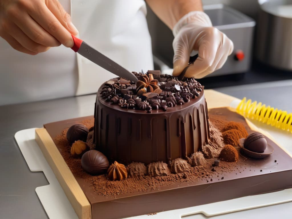  An intricately detailed photorealistic image of a skilled chocolatier meticulously sculpting a lifelike miniature chocolate figure, surrounded by an array of tools like sculpting knives, brushes, and molds. The chocolatier's hands are delicately shaping the chocolate, capturing a moment of intense focus and creativity. The rich, glossy texture of the chocolate contrasts beautifully with the matte surfaces of the tools, while soft natural light gently illuminates the scene, creating a warm and inviting atmosphere. hyperrealistic, full body, detailed clothing, highly detailed, cinematic lighting, stunningly beautiful, intricate, sharp focus, f/1. 8, 85mm, (centered image composition), (professionally color graded), ((bright soft diffused light)), volumetric fog, trending on instagram, trending on tumblr, HDR 4K, 8K