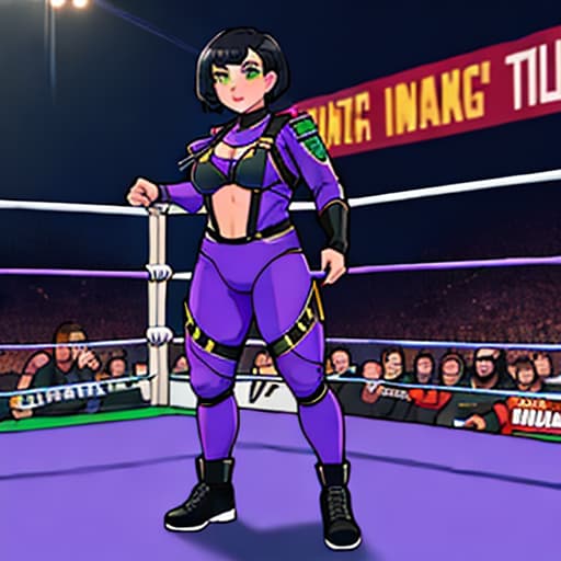  Female,wrestler,large,black short hair,green eyes,standing,superhero,purple Challenger Harness Wrestler Suit,full body