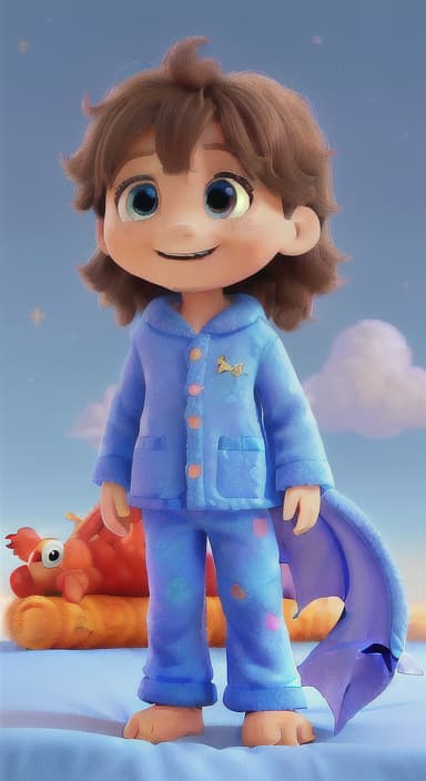  {A cozy, colorful bed with four posts and soft blankets, floating in the air against a background of blue sky and fluffy clouds., A young child named Alex with bright eyes and a joyful smile, wearing colorful pajamas with stars on them. Alex has short brown hair and is always accompanied by a small, plush toy dragon named Trixie.