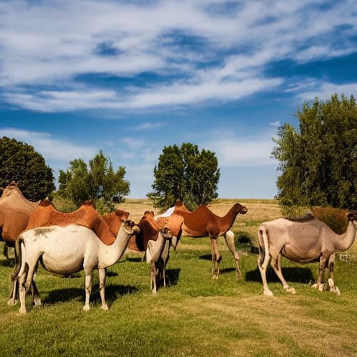  Camels, cows, horses, Donkey, Goats, sheeps, are happy in the green desert hyperrealistic, full body, detailed clothing, highly detailed, cinematic lighting, stunningly beautiful, intricate, sharp focus, f/1. 8, 85mm, (centered image composition), (professionally color graded), ((bright soft diffused light)), volumetric fog, trending on instagram, trending on tumblr, HDR 4K, 8K