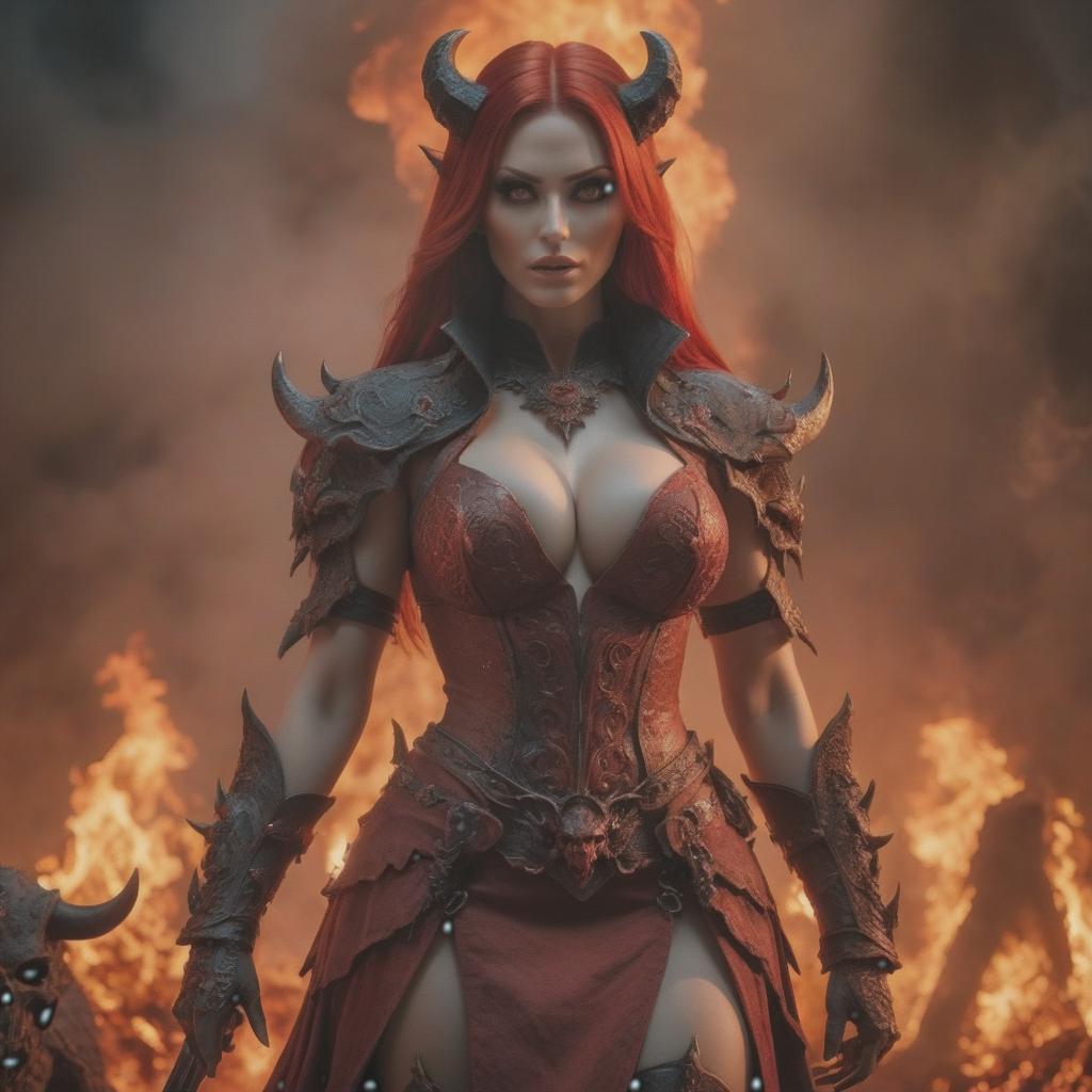  A girl demon with red hair in hell. hyperrealistic, full body, detailed clothing, highly detailed, cinematic lighting, stunningly beautiful, intricate, sharp focus, f/1. 8, 85mm, (centered image composition), (professionally color graded), ((bright soft diffused light)), volumetric fog, trending on instagram, trending on tumblr, HDR 4K, 8K