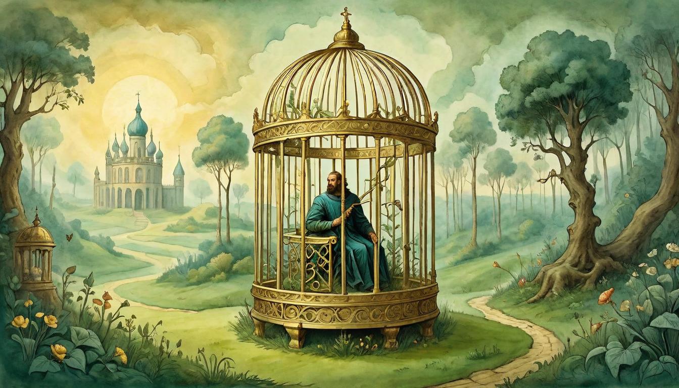  on parchment, surrealism+++, A figure trapped within an elaborate golden cage, reaching through the bars towards a lush green meadow outside, ensnared, longing, entrapped(mysterious, provocative, symbolic,muted color)+++