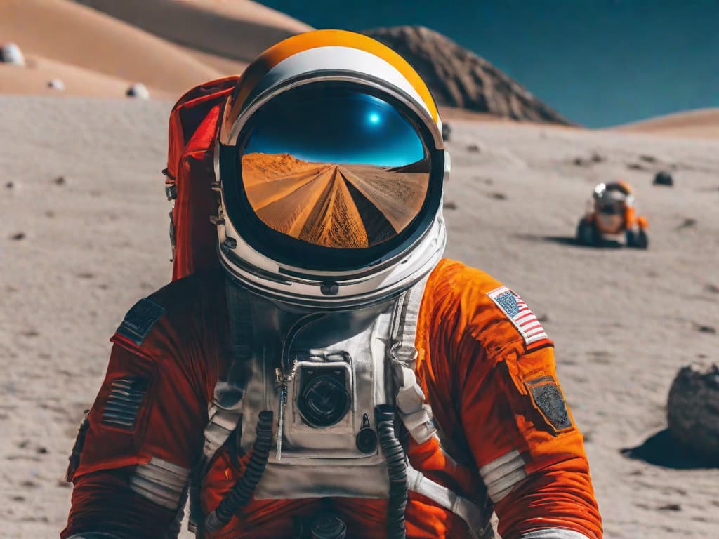  A mysterious figure in a spacesuit stands on the desolate surface of the moon, gazing at Earth in the distance. The Earth is partially obscured by shadows, hinting at the enigmatic storyline of Pragmata. The figure's reflective visor adds to the intrigue, leaving viewers curious about the game's delayed release.digital art, ilustration hyperrealistic, full body, detailed clothing, highly detailed, cinematic lighting, stunningly beautiful, intricate, sharp focus, f/1. 8, 85mm, (centered image composition), (professionally color graded), ((bright soft diffused light)), volumetric fog, trending on instagram, trending on tumblr, HDR 4K, 8K