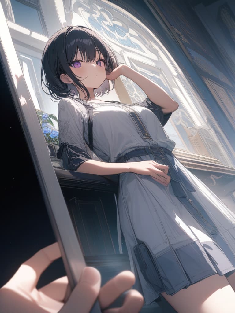  Slim , cute, short stature, black hair, id short hair, purple eyes, salopette , masterpiece, best quality,8k,ultra detailed,high resolution,an extremely delicate and beautiful,hyper detail