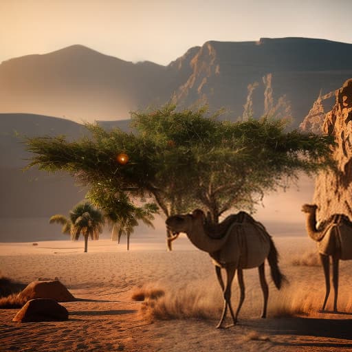 redshift style A camel and a palm tree in the desert in a smart modern city hyperrealistic, full body, detailed clothing, highly detailed, cinematic lighting, stunningly beautiful, intricate, sharp focus, f/1. 8, 85mm, (centered image composition), (professionally color graded), ((bright soft diffused light)), volumetric fog, trending on instagram, trending on tumblr, HDR 4K, 8K