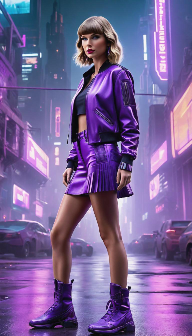  Cyberpunk style depiction of Taylor Swift wearing purple casual wear. The scene is set in a world where technology has advanced, but society and human conditions have not, creating a gritty, dystopian atmosphere. hyperrealistic, full body, detailed clothing, highly detailed, cinematic lighting, stunningly beautiful, intricate, sharp focus, f/1. 8, 85mm, (centered image composition), (professionally color graded), ((bright soft diffused light)), volumetric fog, trending on instagram, trending on tumblr, HDR 4K, 8K