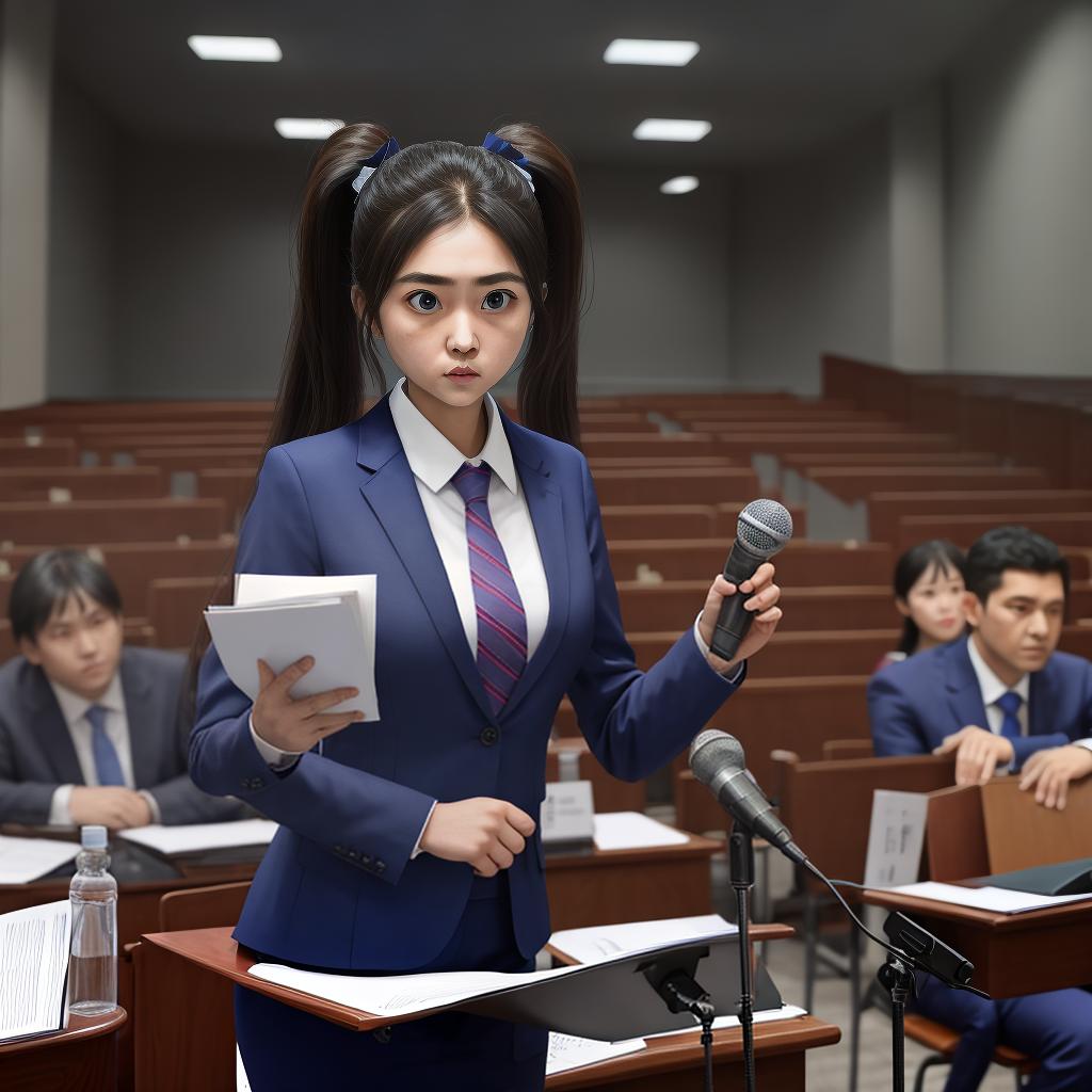  masterpiece, best quality, a girl, ponytails, big eyes, suit Attending an academic forum, speaking, holding documents and microphones Speaking from the podium