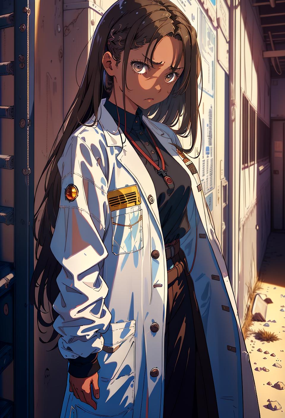  ((trending, highres, masterpiece, cinematic shot)), 1girl, young, female lab coat, desert scene, long straight light brown hair, side locks hairstyle, large amber eyes, naive personality, angry expression, very dark skin, morbid, limber