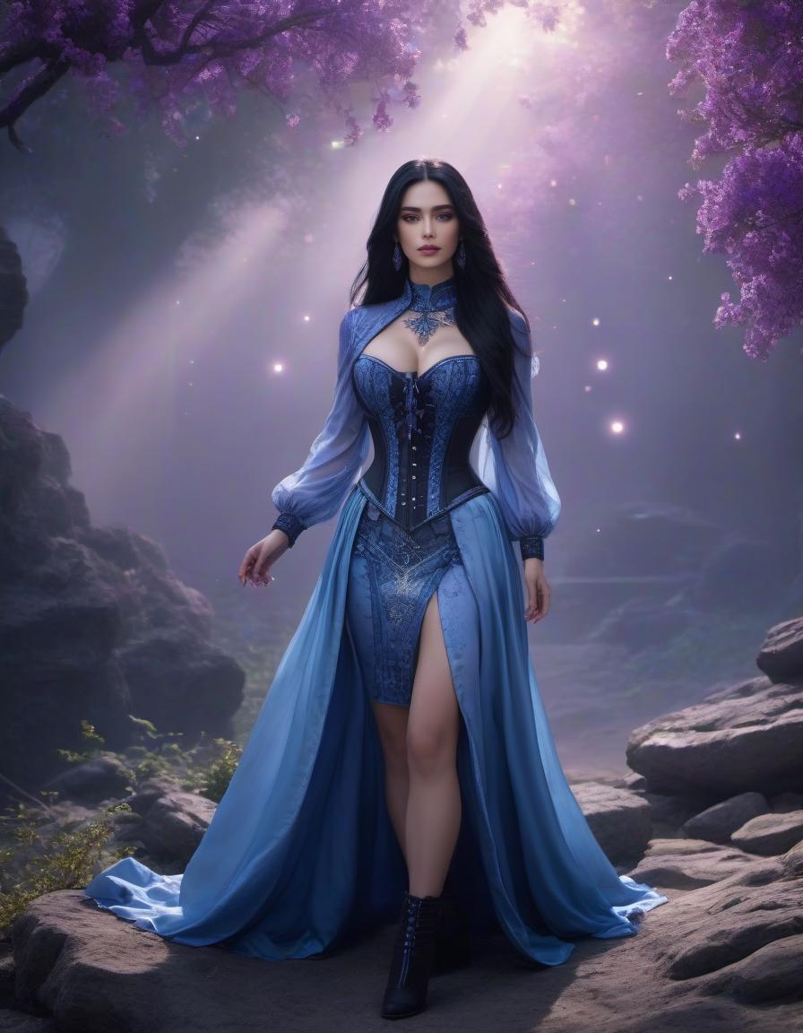  (masterpiece, top quality, best quality, official art, beautiful and aesthetic:1.2), girl, detailed face, long black hair, full body, blue shirt with high collar, violet corset, long blue skit, celestial, cosmic, extremely beautiful, high detailed, (galactic in background), luminous effects, highest detailed, floating particles, ancient runes, geometric patterns, V0id3nergy , mana, shadows, epic atmosphere hyperrealistic, full body, detailed clothing, highly detailed, cinematic lighting, stunningly beautiful, intricate, sharp focus, f/1. 8, 85mm, (centered image composition), (professionally color graded), ((bright soft diffused light)), volumetric fog, trending on instagram, trending on tumblr, HDR 4K, 8K