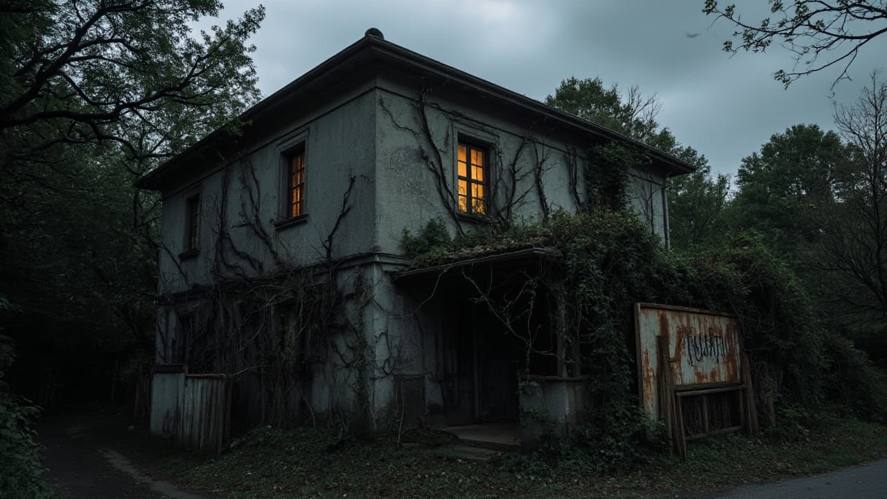  good quality, high quality, a two story house named "argalario," with a rusty sign near the entrance. an overcast sky casts shadows, while one window shines with warm light, struggling to penetrate the creeping darkness. twisted branches and overgrown vines cling to the walls, surrounded by a dense, dark forest.