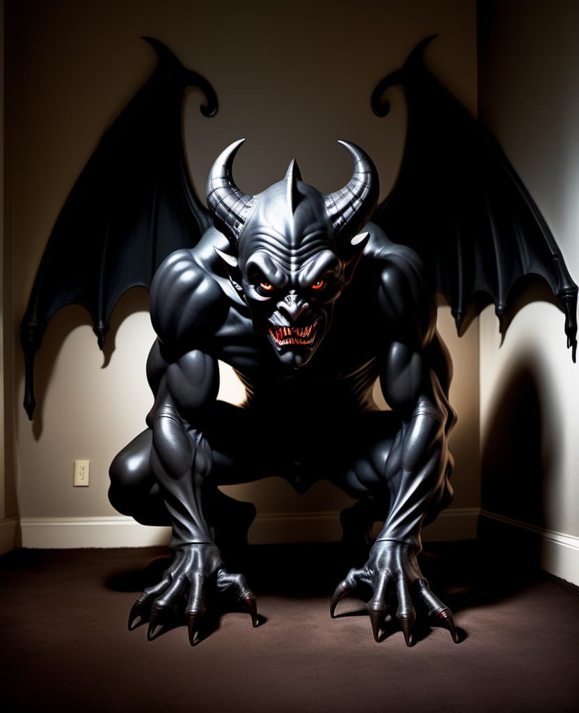  A black devil crouching like a gargoyle looks at me from a dark corner. In a dimly lit room. The room is residential with furniture.