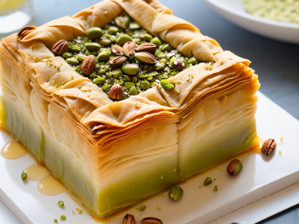  An ultradetailed closeup image of a traditional Greek Baklava pastry, showcasing layers of flaky phyllo dough, finely chopped nuts, and a golden honey glaze, with a sprinkling of crushed pistachios on top. The intricate textures and rich colors of the dessert are highlighted in the highresolution image, making the viewer almost taste the sweet, nutty flavors just by looking at it. hyperrealistic, full body, detailed clothing, highly detailed, cinematic lighting, stunningly beautiful, intricate, sharp focus, f/1. 8, 85mm, (centered image composition), (professionally color graded), ((bright soft diffused light)), volumetric fog, trending on instagram, trending on tumblr, HDR 4K, 8K