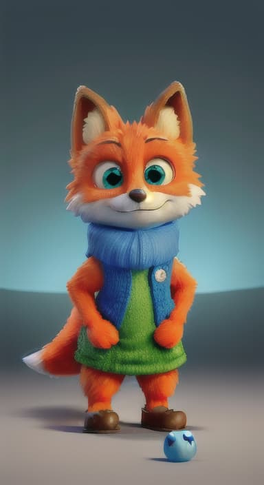  {Error the fox pressing the blue button with his paw, looking puzzled as nothing occurs., Error is a small, bright orange fox with a fluffy tail and big, inquisitive eyes. He has a mischievous yet kind expression and wears a tiny green scarf.