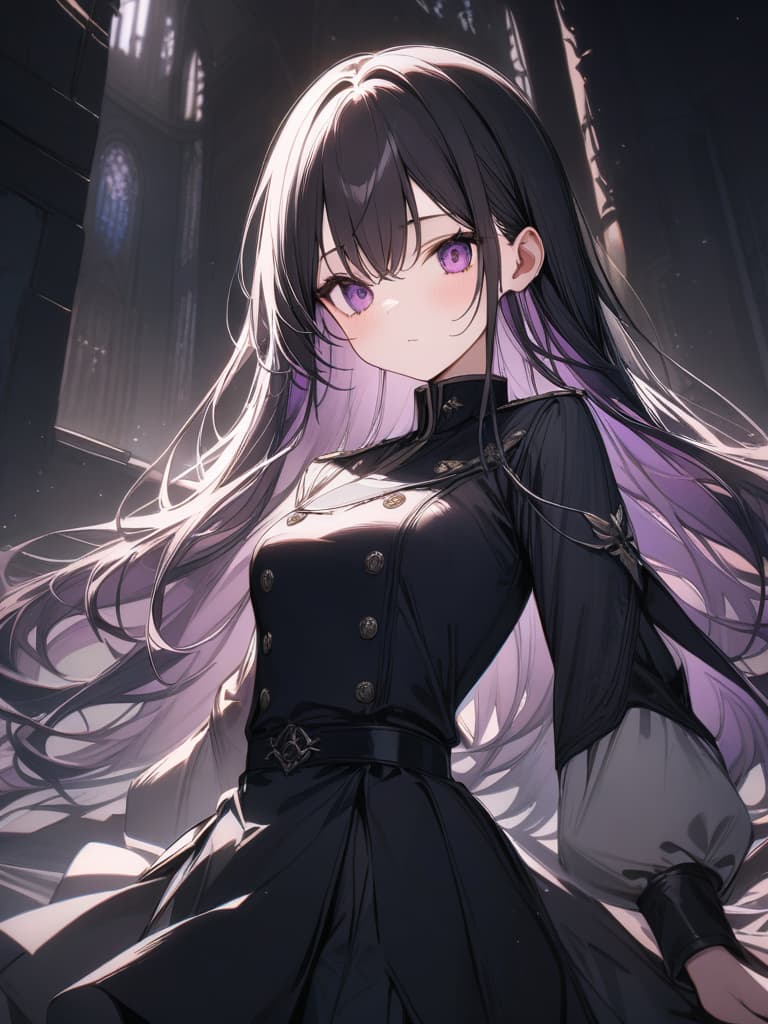  Slim girls, cute, children, black hair, straight long hair, purple eyes, ribbon cathasha, military uniform dress, black clothing, plain pattern, masterpiece, best quality,8k,ultra detailed,high resolution,an extremely delicate and beautiful,hyper detail