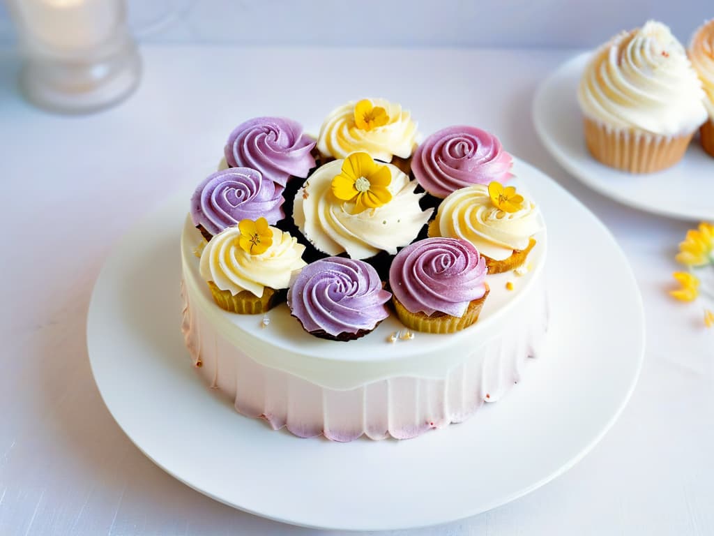  A photorealistic image of a platter filled with beautifully decorated light and fluffy cupcakes, topped with pastelcolored frosting swirls, delicate edible flowers, and shimmering sugar sprinkles. The cupcakes are arranged in a circular pattern on a pristine white ceramic plate, set against a soft, blurred background that hints at a festive celebration. The lighting highlights the texture of the frosting and the intricate details of the decorations, creating a visually appealing and appetizing scene that perfectly complements the theme of light cupcakes for birthdays. hyperrealistic, full body, detailed clothing, highly detailed, cinematic lighting, stunningly beautiful, intricate, sharp focus, f/1. 8, 85mm, (centered image composition), (professionally color graded), ((bright soft diffused light)), volumetric fog, trending on instagram, trending on tumblr, HDR 4K, 8K