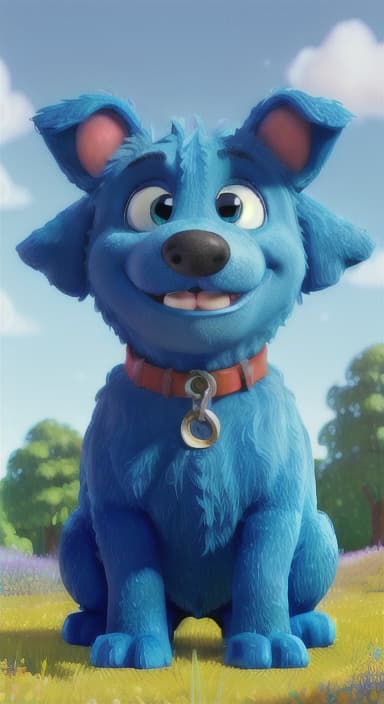  {A happy, big blue dog wagging its tail in a colorful meadow, The big blue dog is large with sky blue fur, big round eyes, a black nose, and floppy ears.