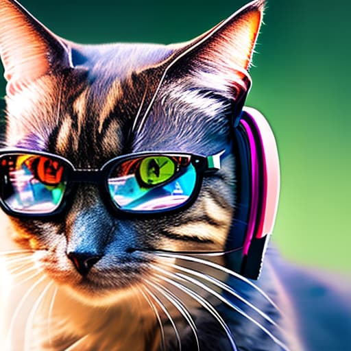 nvinkpunk Realistic image of a cat wearing headphones and reading glasses while riding a bus. hyperrealistic, full body, detailed clothing, highly detailed, cinematic lighting, stunningly beautiful, intricate, sharp focus, f/1. 8, 85mm, (centered image composition), (professionally color graded), ((bright soft diffused light)), volumetric fog, trending on instagram, trending on tumblr, HDR 4K, 8K